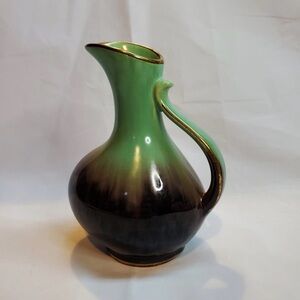 Vintage German Pottery Pitcher #527 Green Brown Gold Trim Unusual Shape 5.5"